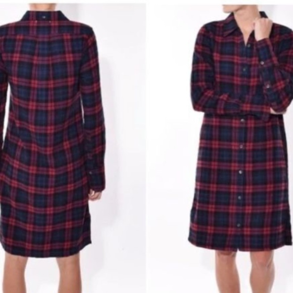 Alex Mill Standard Plaid Navy Blue Burgundy Flannel Shirt Dress